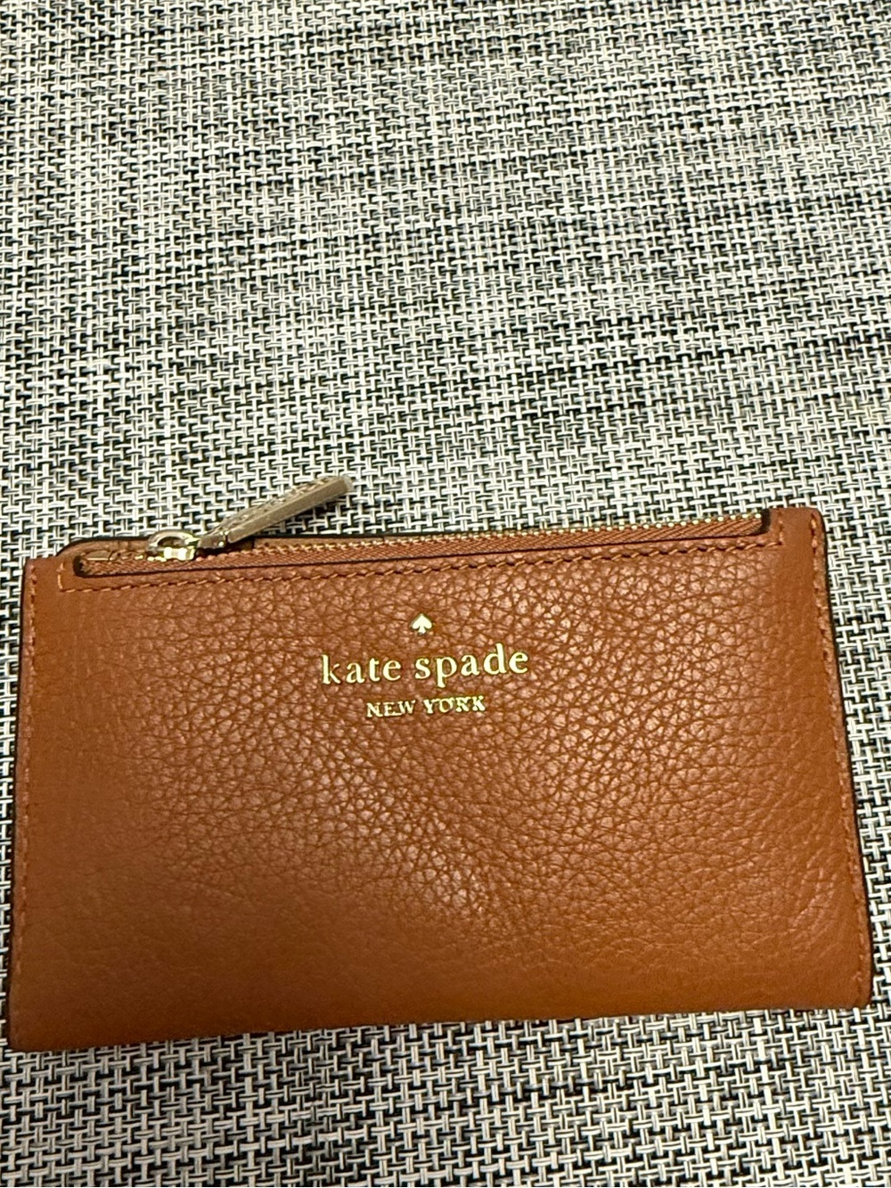 kate spade Brown Pebbled Leather Zip Card Pouch with Gold Logo